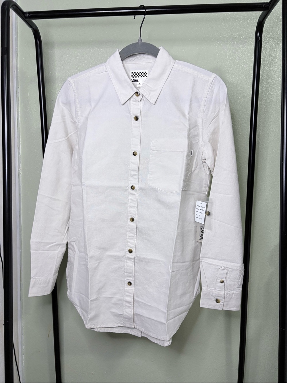 NWT Vans White Long Sleeve Contrast Button Casual Woven Shirt Size S
